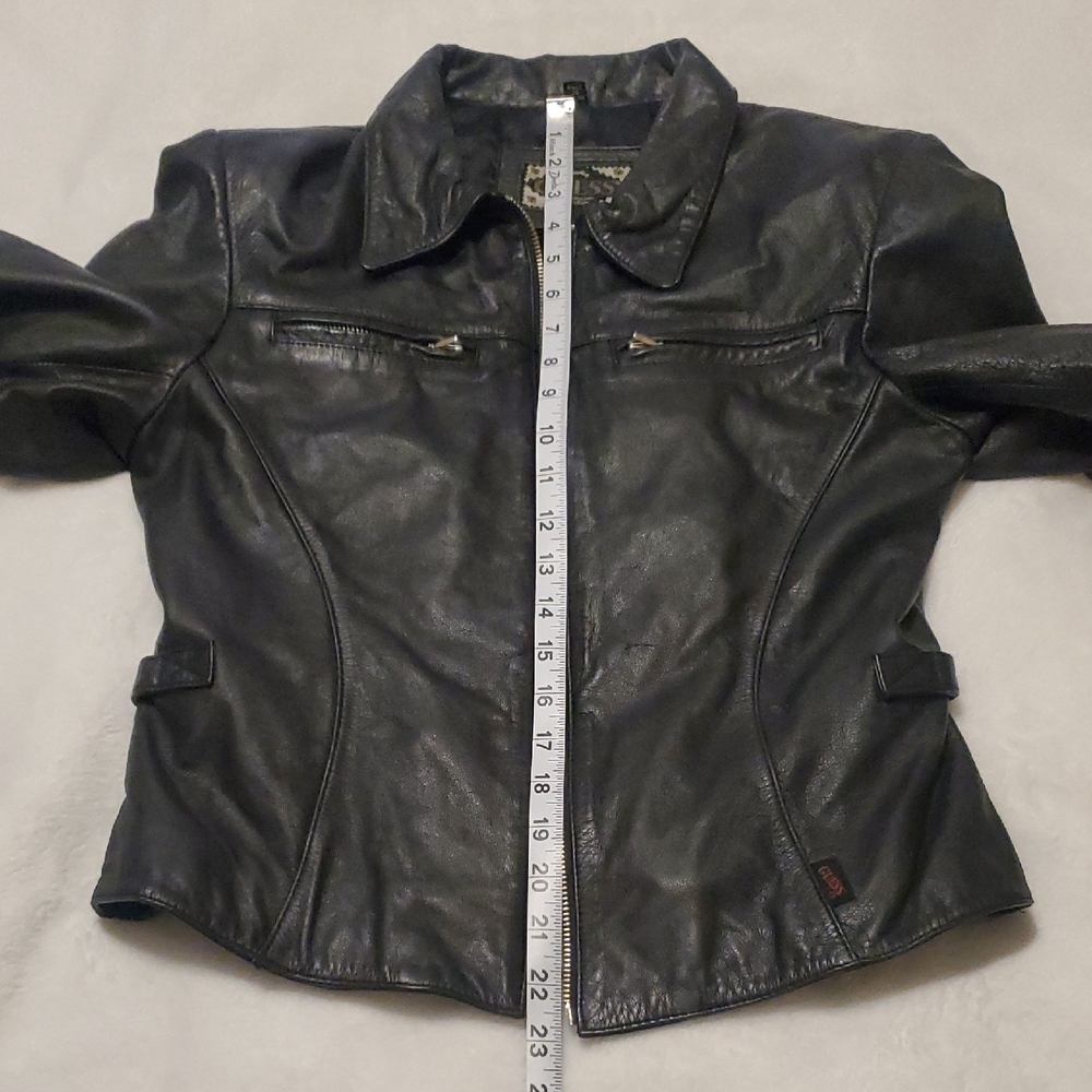 Guess Women's Black Genuine Leather Zip Jacket With Zippered Chest Pockets - Picture 12 of 16